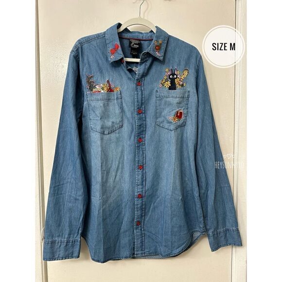 Studio Ghibli Kiki's Delivery Service Jiji Denim Woven Button-Up Shirt Size M - Picture 1 of 8